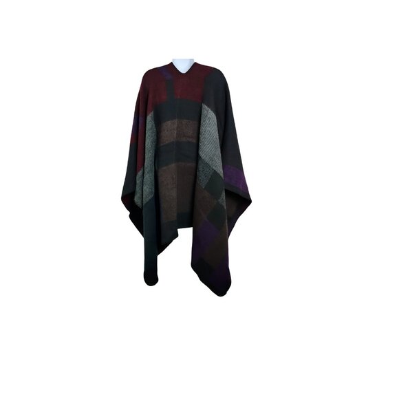 Madden Gray Purple Blue Plaid Color Block Poncho Shawl Blanket Sweater Jacket - Picture 3 of 5